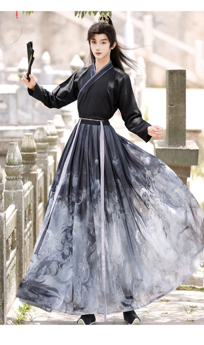 Oriental Ancient Drama Hanfu Costume Mens White Ink Print Daily Wear