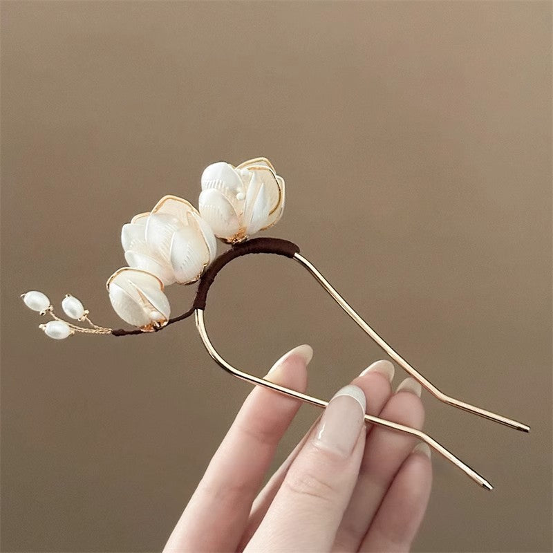U Hairpin Glass White Magnolia Chinese Style Forest Fairy Cheongsam Accessory