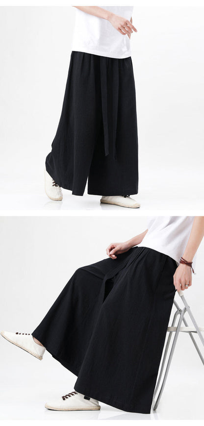 Mens Chinese Style Hanfu Linen Nine Point Retro Wide Leg Pants