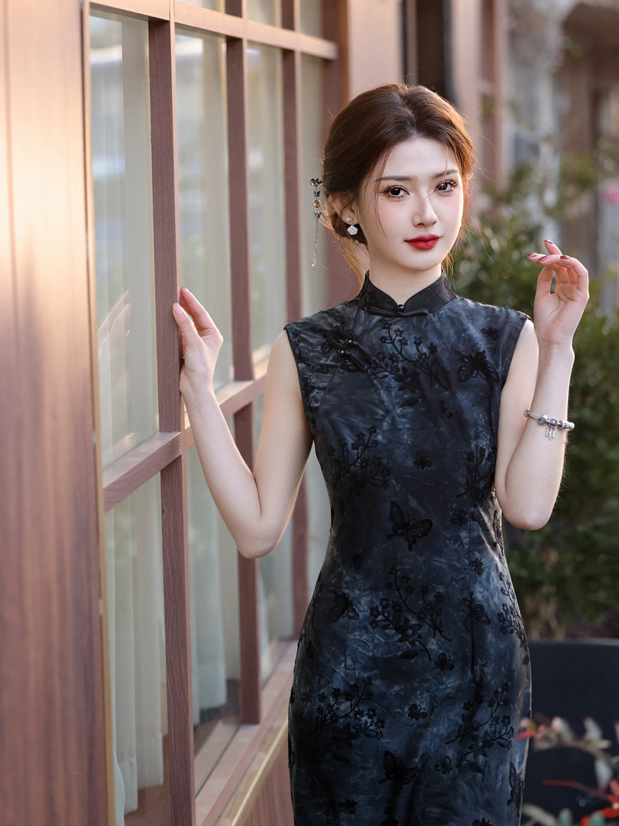 Tie-Dye Velvet Cheongsam – 2025 Sleeveless Mid-Length Dress