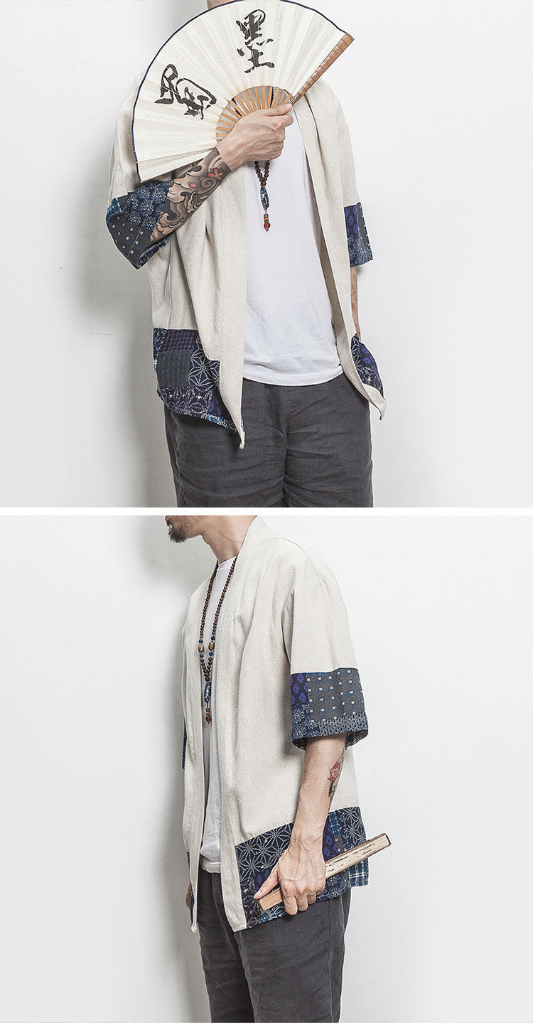 Summer Chinese Hanfu Cardigan Men’s Cotton Linen Patchwork Robe