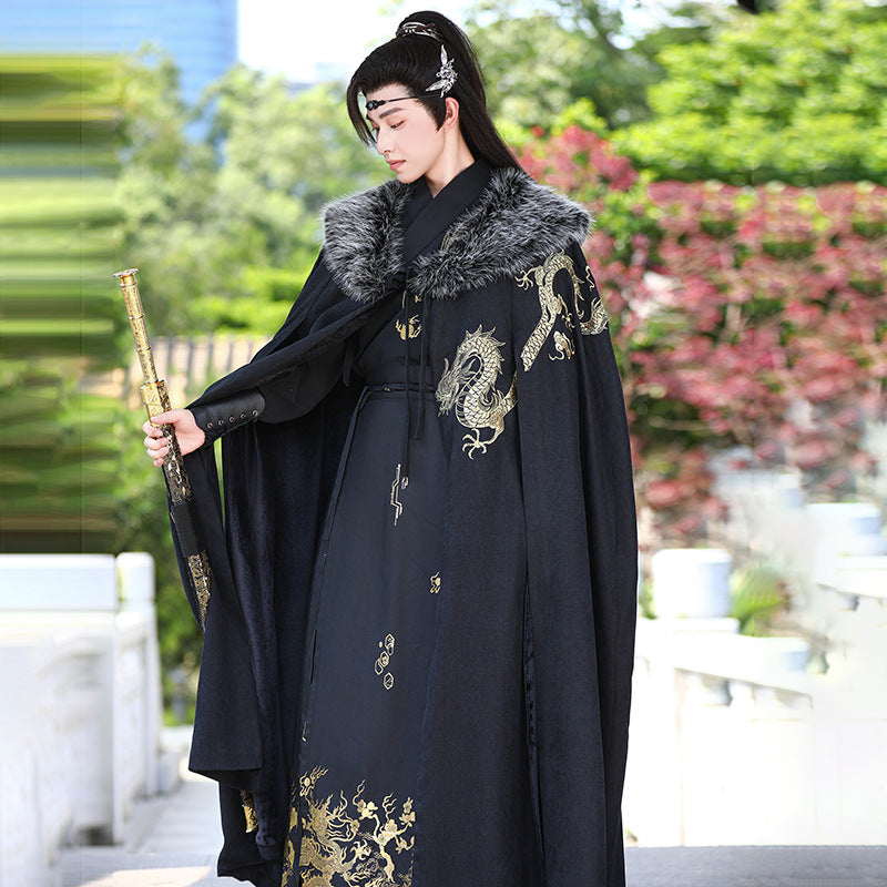 Men's Fleece-Lined Fur Collar Cloak New Chinese Style Winter Hanfu