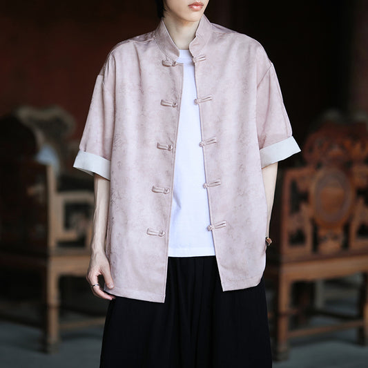 Summer Chinese Tang Suit Shirt Mens Stand Collar Short Sleeve Hanfu