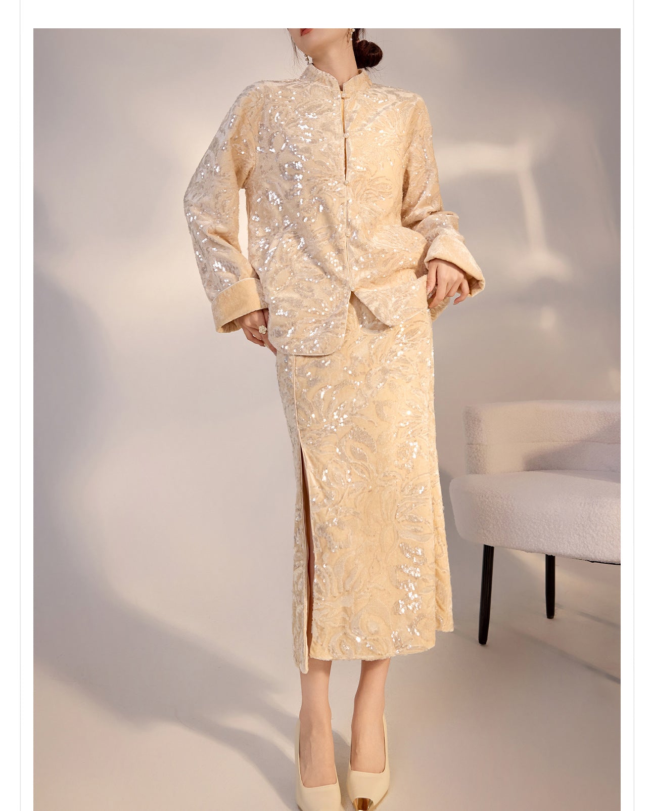 New Chinese Satin Floral Sequin Button Light Luxury Loose Coat