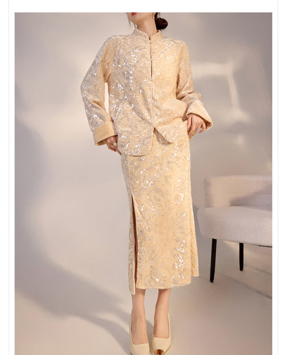 New Chinese Satin Floral Sequin Button Light Luxury Loose Coat