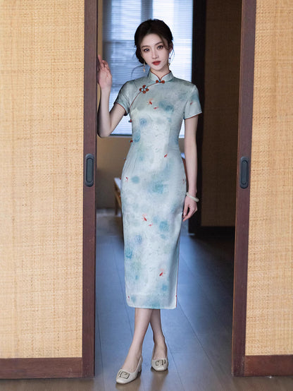 Elegant Blue Cheongsam – Daily Wear 2025 Spring Dress