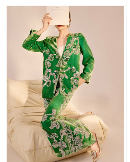 2025 Spring New Chinese Beaded Embroidered Silk Cardigan & Skirt Set