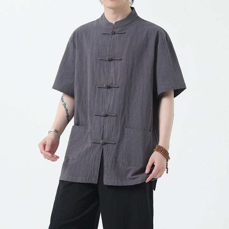 Chinese Style Mens Cotton Linen Shirt Half Sleeve Button Up Casual Top