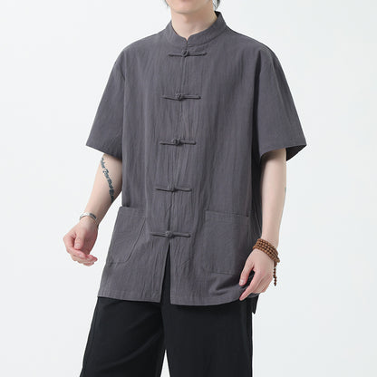 Chinese Style Mens Cotton Linen Shirt Half Sleeve Button Up Casual Top