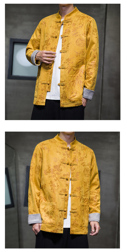 Chinese Style Mens Retro Tang Suit Button Printed Velvet Coat