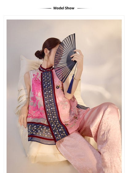 2026 New Chinese Embroidered Colorblock Mulberry Silk Vest Top