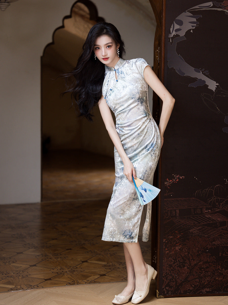 Improved Chinese Style Qipao – Everyday Wear Pink Velvet Dress