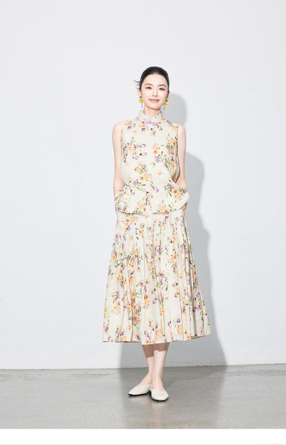 High-End Linen Sleeveless Button Top & Slimming Skirt for Women