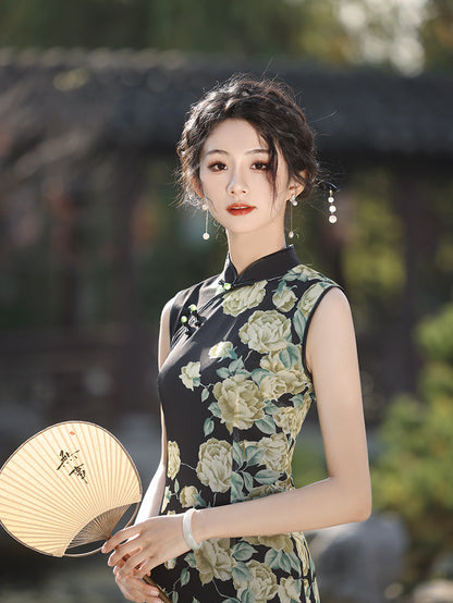 Elegant Dark Green Cheongsam – Retro Spring High-End Dress