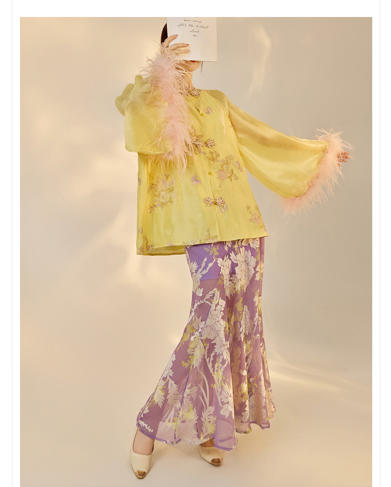 New Chinese Embroidered Feather Sleeve Patchwork Top & Skirt Set