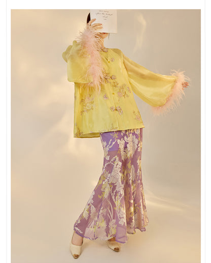 New Chinese Embroidered Feather Sleeve Patchwork Top & Skirt Set