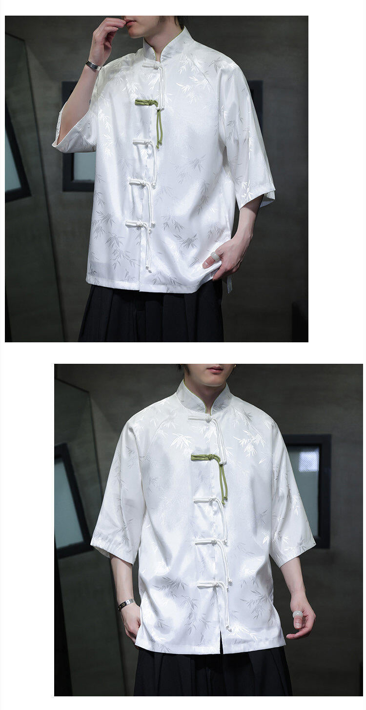 Summer Chinese Style Ice Silk Jacquard Tang Shirt Mens Stand Collar Top