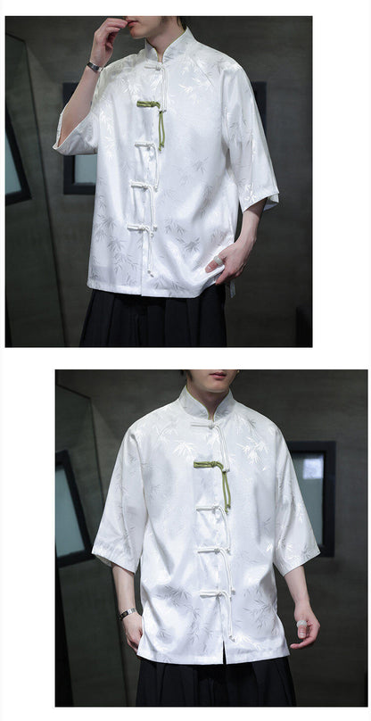 Summer Chinese Style Ice Silk Jacquard Tang Shirt Mens Stand Collar Top