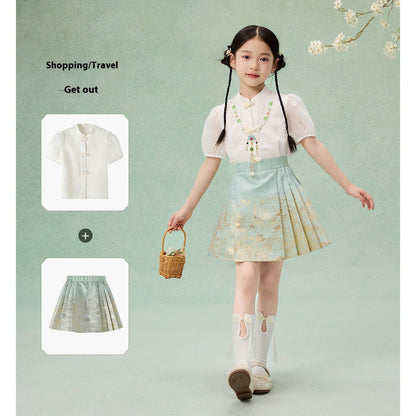 Girls Summer Hanfu Set — Short Sleeve Shirt & Mamian Skirt Two-Piece