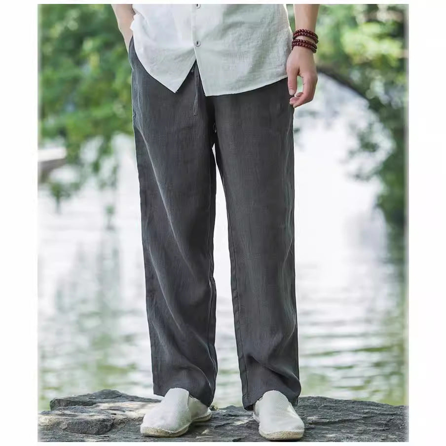 Mens Summer Thin Breathable Linen Pants Cotton Linen Wide Leg Casual