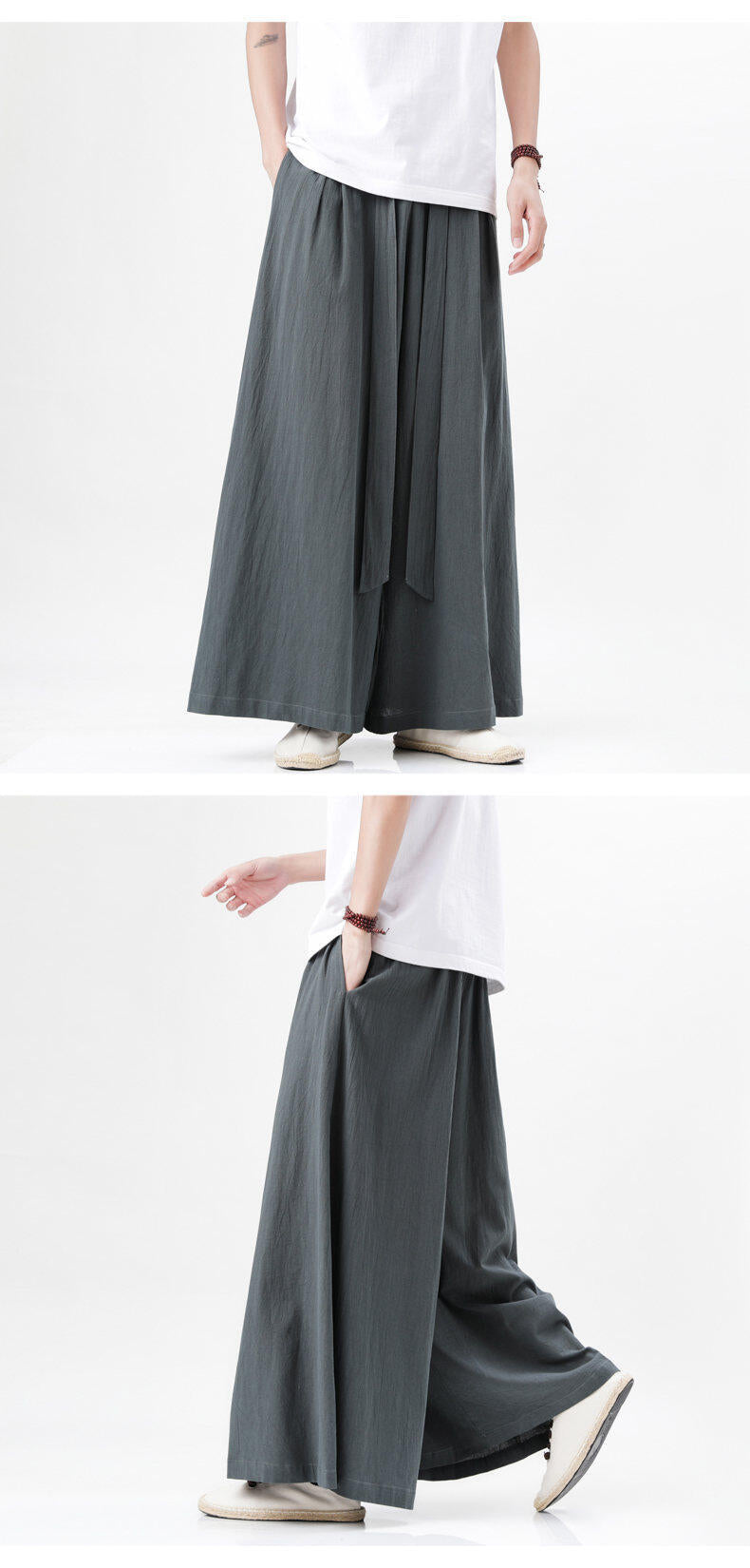 Mens Chinese Style Hanfu Linen Nine Point Retro Wide Leg Pants