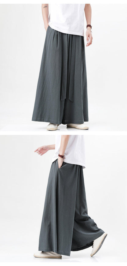 Mens Chinese Style Hanfu Linen Nine Point Retro Wide Leg Pants