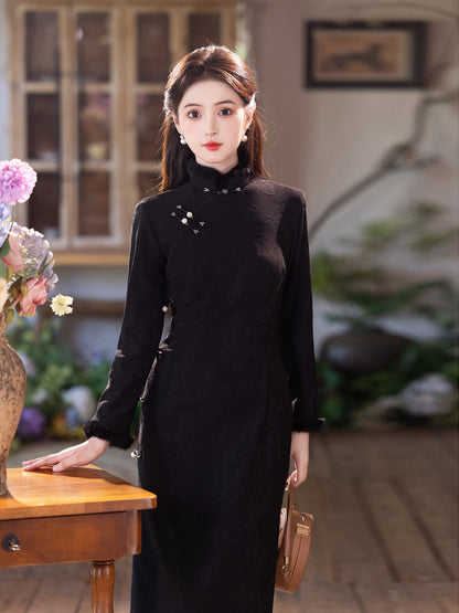 2025 New Black Thickened Cheongsam | Elegant Daily Warm Winter Dress