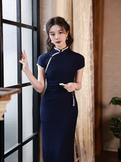 Navy Blue Old Shanghai Cheongsam – Mid-Length Summer Dress