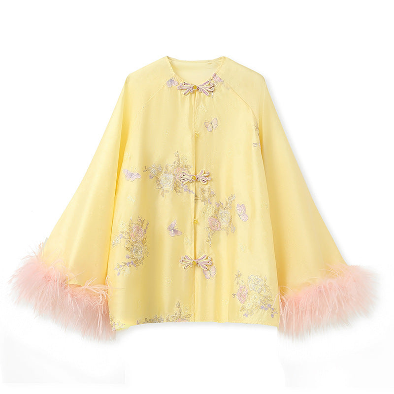 New Chinese Embroidered Feather Sleeve Patchwork Top & Skirt Set