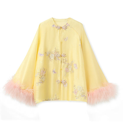 New Chinese Embroidered Feather Sleeve Patchwork Top & Skirt Set