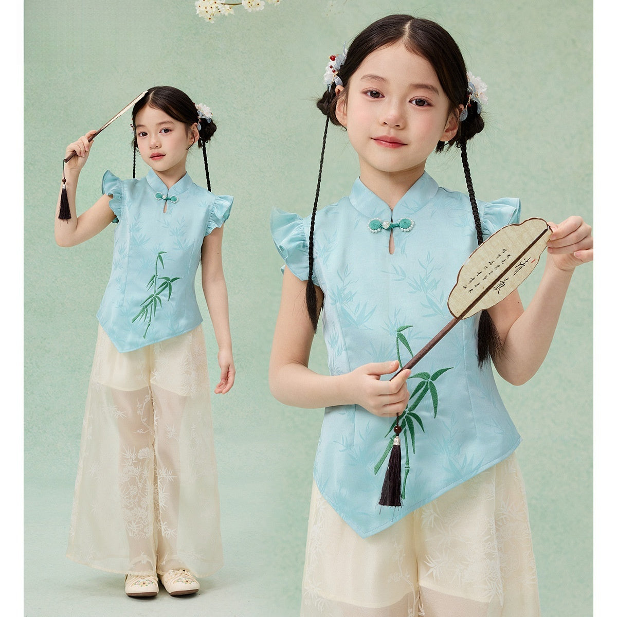 Children’s Chinese Summer Set — Shirt Top & Loose Wide-Leg Pants