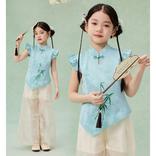 Children’s Chinese Summer Set — Shirt Top & Loose Wide-Leg Pants