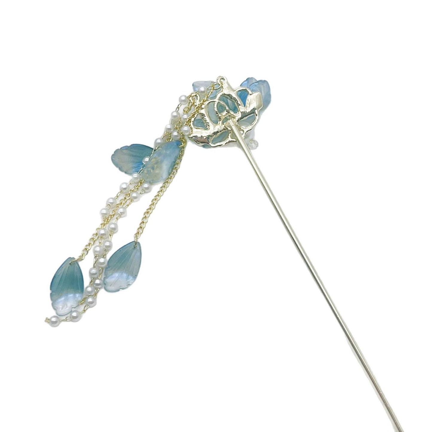 Ancient Style Blue Flower Hairpin High End Chinese Style Pearl Tassel Hairpin