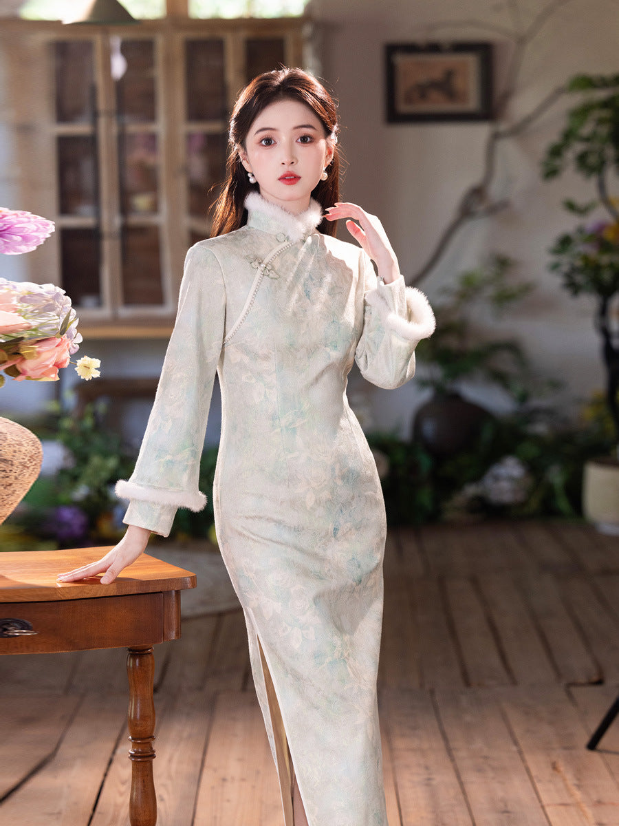 Elegant Satin Beaded Winter Qipao | Fleece-Lined Thickened Long Dress