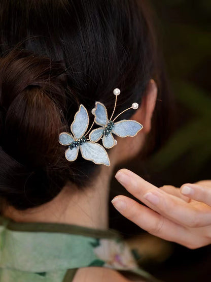 Light Luxury Blue Butterfly Hairpin Women Retro Chinese Style Updo Hairpin