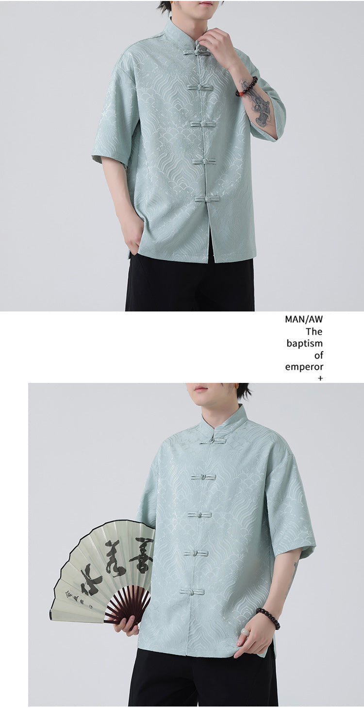 New Chinese Style Tang Shirt — Men’s Short-Sleeve Retro Button-Up Top