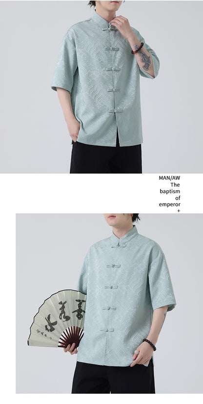 New Chinese Style Tang Shirt — Men’s Short-Sleeve Retro Button-Up Top