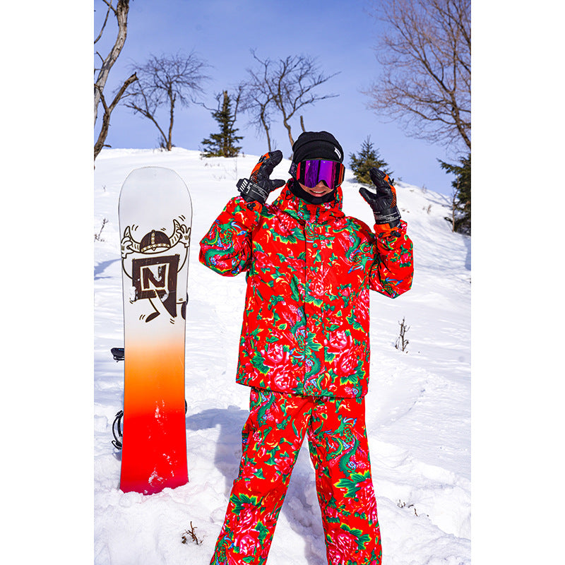 Men's Winter Ski Jacket Printed Floral Plus Size Warm Cotton Suit