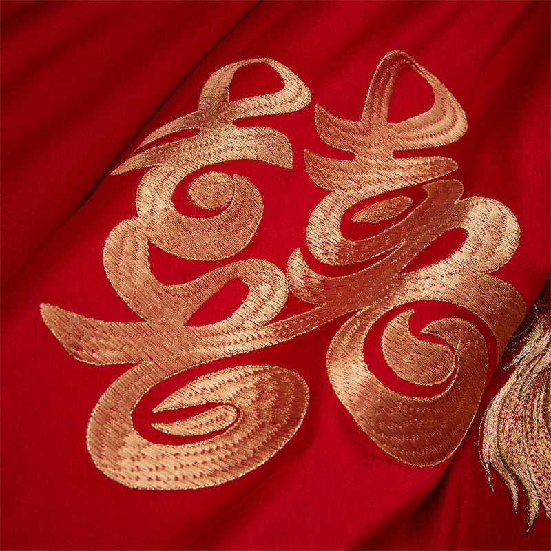 Luxury Red Cotton Wedding Bedding 4-Piece Embroidered Set