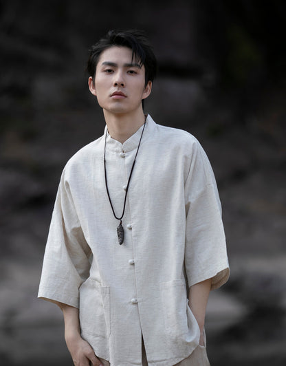 Summer Chinese Cotton Linen Shirt Men Casual Thin Youth Trend Top