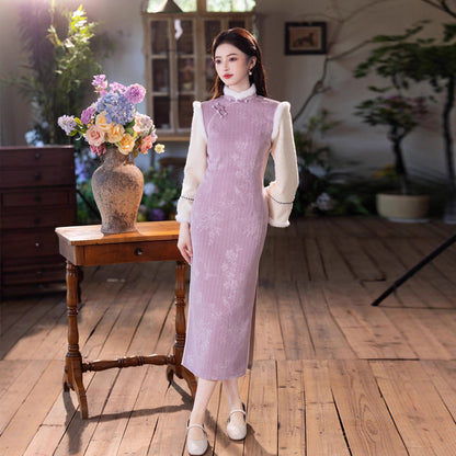 Thick Flared Sleeve Long Cheongsam | Youth New Chinese Style Winter Dress