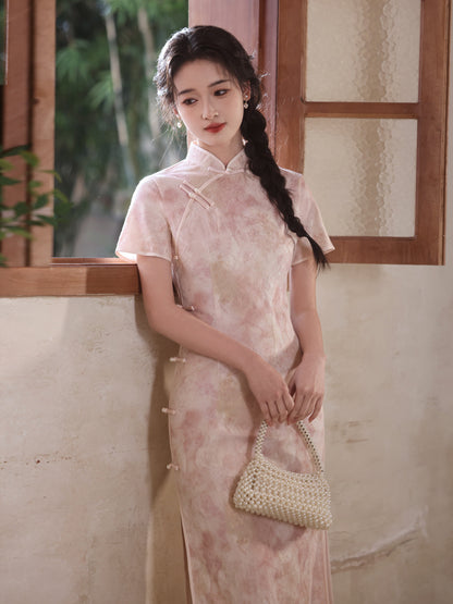 National Style Long Cheongsam – Elegant Short Sleeve Dress