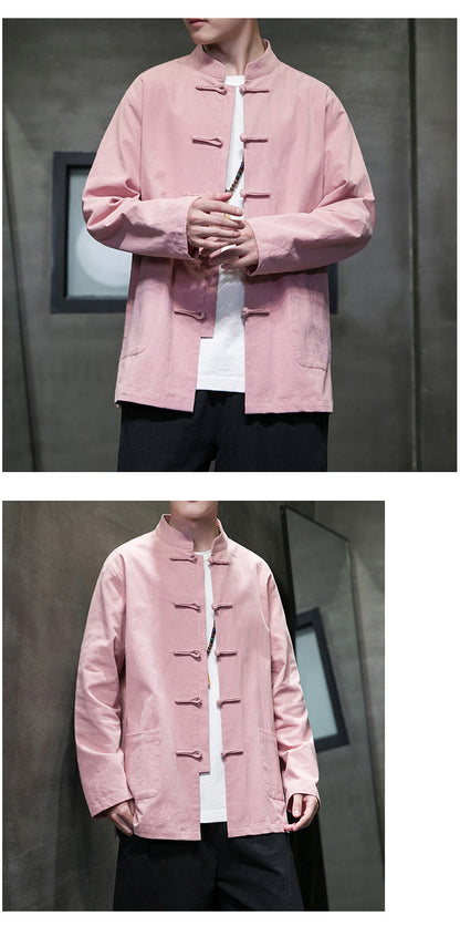 Mens Autumn Chinese Style Hanfu Tang Suit Button Up Cotton Linen Top