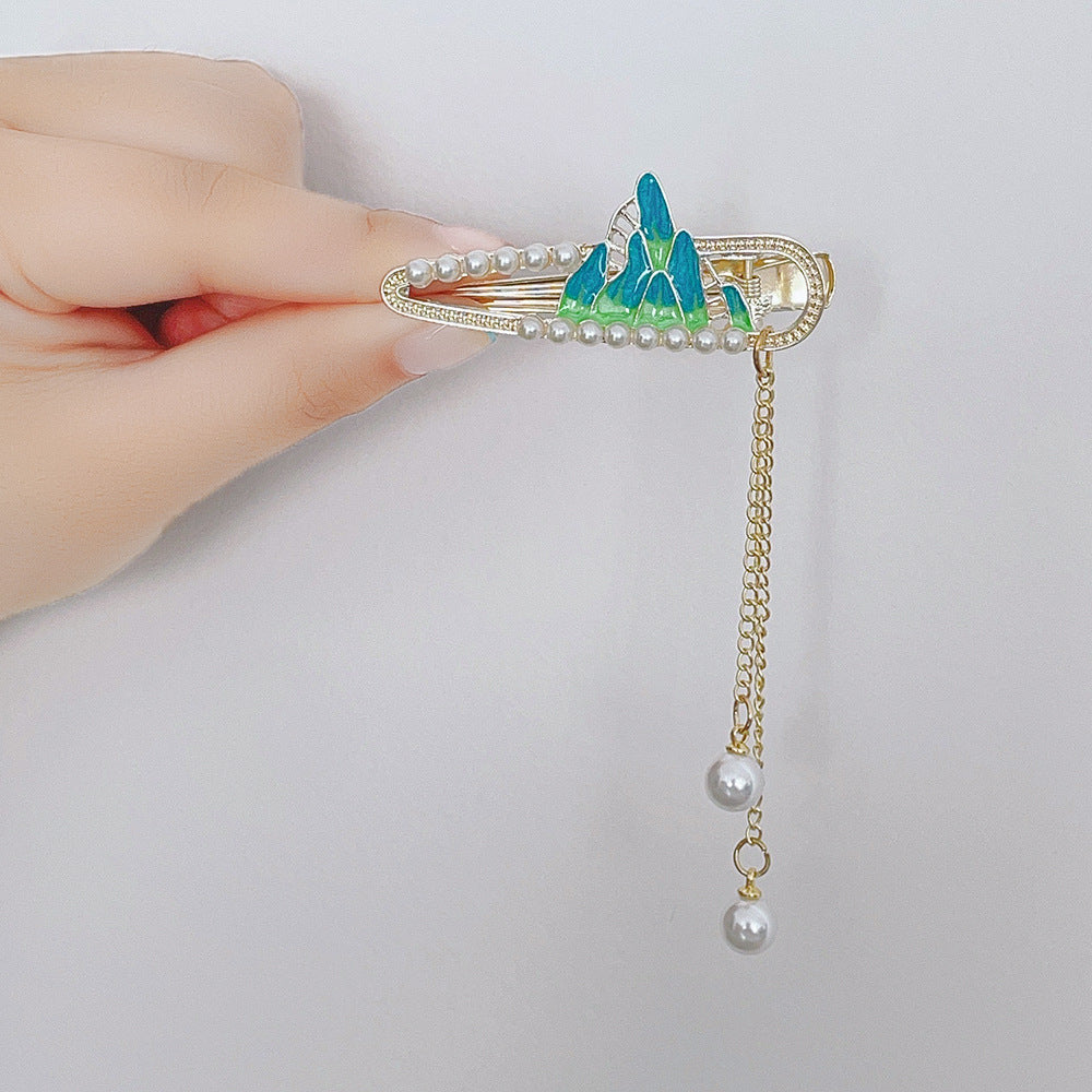 Blue Enamel Hair Clip Chinese Style Pearl Tassel Butterfly Hairpin