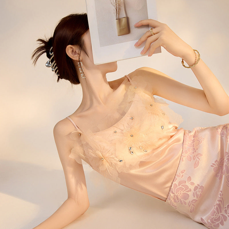 New Chinese Style Beaded Floral Acetate Top | Elegant Short Camisole
