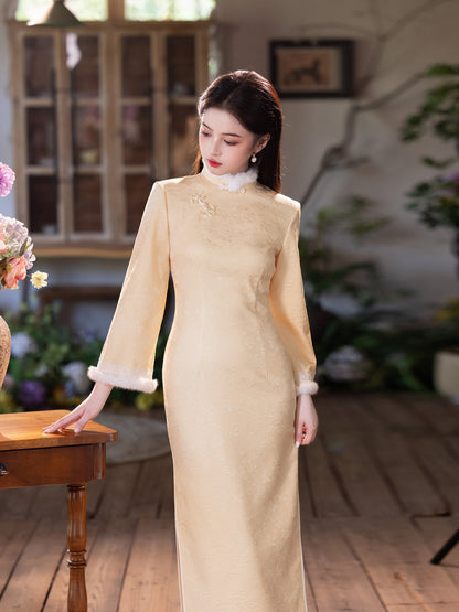 Yellow Fleece-Lined Winter Qipao | Thickened Long-Sleeve Retro Dress 2025
