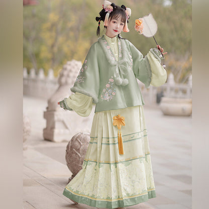 Trees of Sea Women Ming Hanfu Set: Embroidered Stand Collar Jacket & Horse Face Skirt New Year