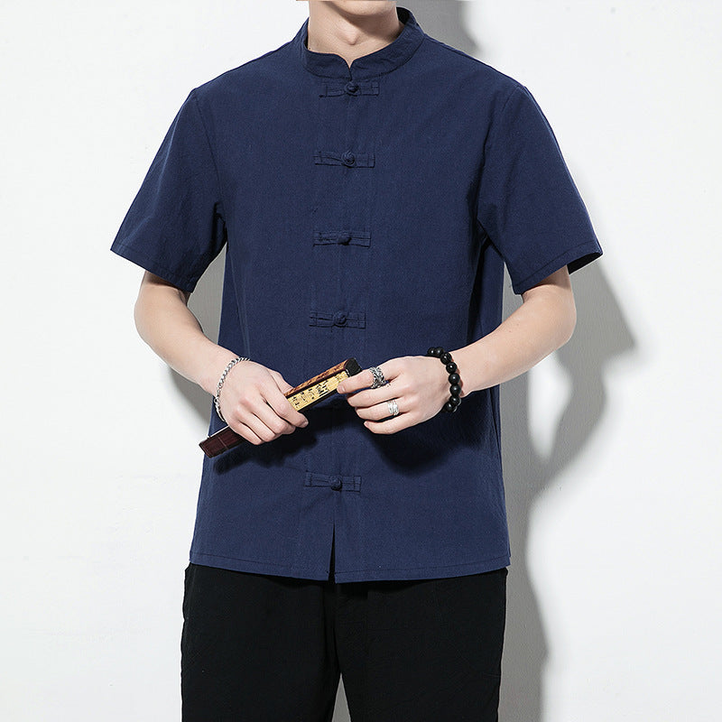 Summer Chinese Style Men’s Shirt — Linen Tang Suit Retro Short Sleeve