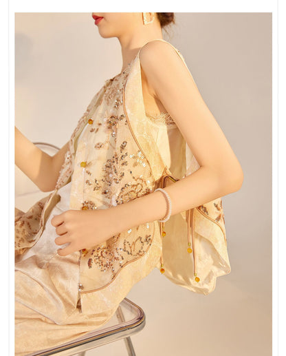 National Style2025Summer New Beaded Embroidery New Chinese Style Sequin Mermaid Skirt Vest Pants Set