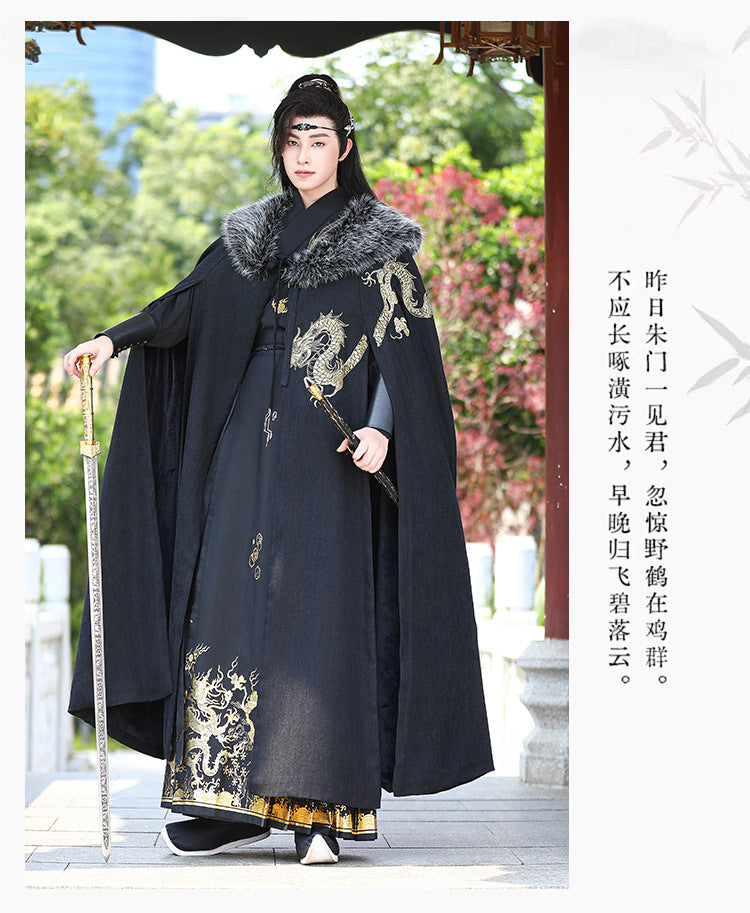 Men's Fleece-Lined Fur Collar Cloak New Chinese Style Winter Hanfu
